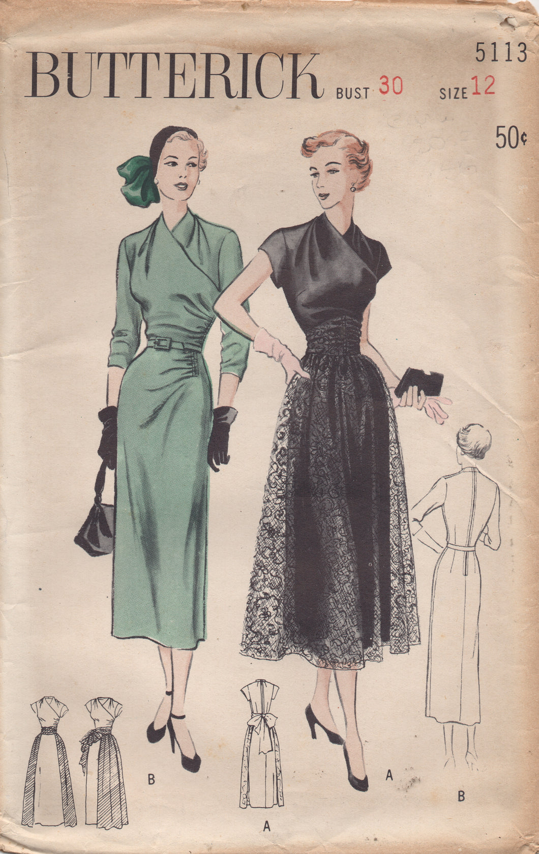 1950's Butterick Wrap Front Sheath Dress with Gathered Side and Overskirt - Bust 30