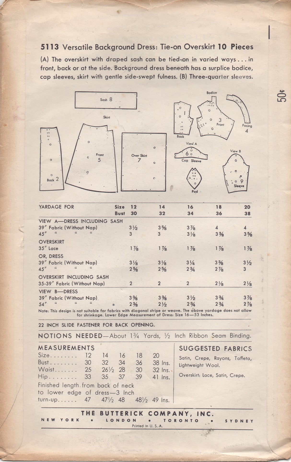 1950's Butterick Wrap Front Sheath Dress with Gathered Side and Overskirt - Bust 30" - No. 5113