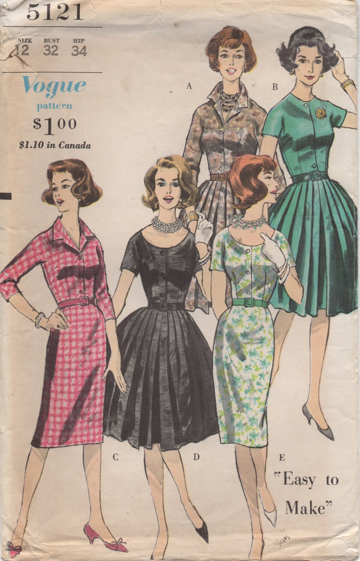 1960's Vogue Shirtwaist Dress with Pleated or Sheath Skirt and 5 Necklines - Bust 32" - No. 5121