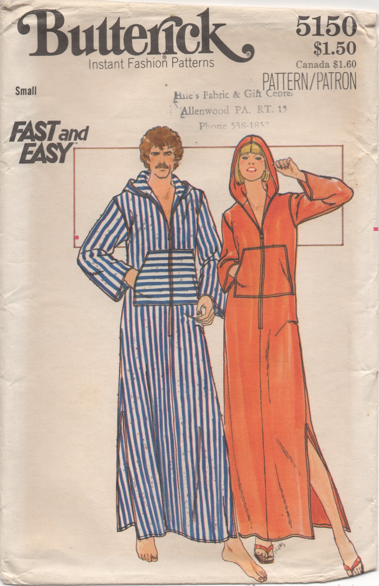 1970's Butterick Zip-Front Caftan with hood - Bust 31.5-32.5" - No. 5150