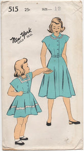 1940's New York One Piece Shirtwaist Dress with Cap Sleeves and Peter Pan Collar - Chest 30" - # 515