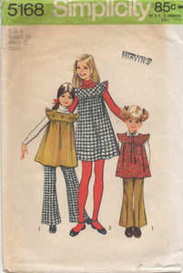 1970's Simplicity Child's One Piece Dress or Tunic with Ruffle Sleeves and Bell Bottom pants - Size 4 - No. 5168