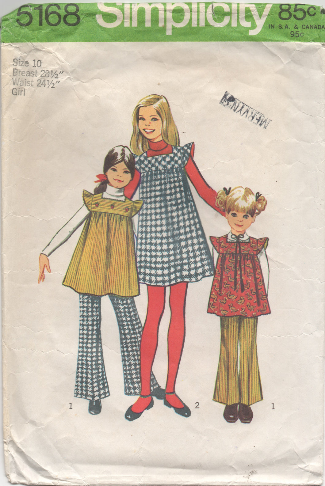 1970's Simplicity Child's One Piece Dress or Tunic with Ruffle Sleeves and Bell Bottom pants - Size 10 - No. 5168