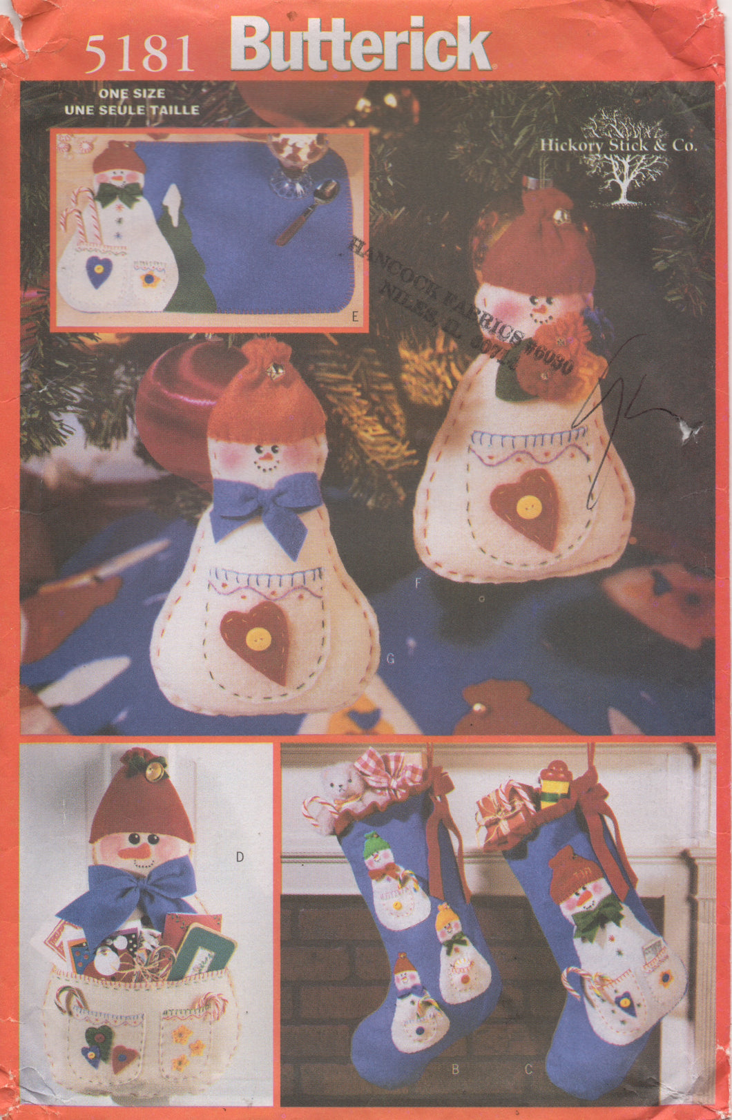 1990's Butterick Snowmen Family Ornaments, Stockings, Card Holder, Tree Skirt, Wall Hanging- UC/FF - No. 5181