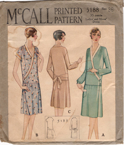 1920's McCall Wrap Dress with Drop Waist and Pocket Pattern  - Bust 36