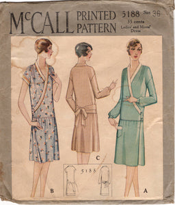 1920's McCall Wrap Dress with Drop Waist and Pocket Pattern  - Bust 36" - No. 5188