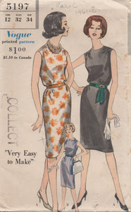 1960's Vogue Shift Dress with or without Collar Pattern - Bust 32" - No. 5197