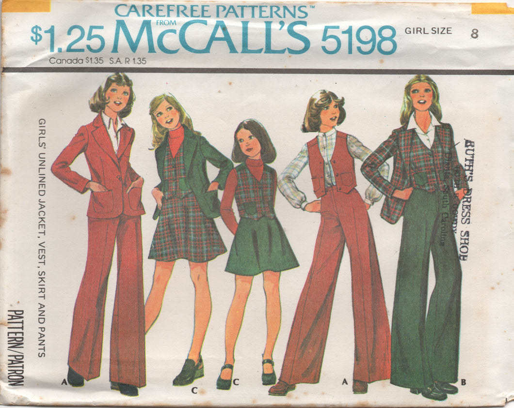 1970's McCall's Child's Unlined Jacket, Vest, Skirt and Wide Leg Pants pattern - Chest 27-30