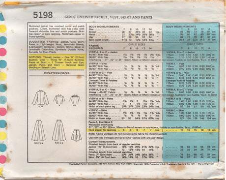 1970's McCall's Child's Unlined Jacket, Vest, Skirt and Wide Leg Pants pattern - Chest 27-30" - No. 5198