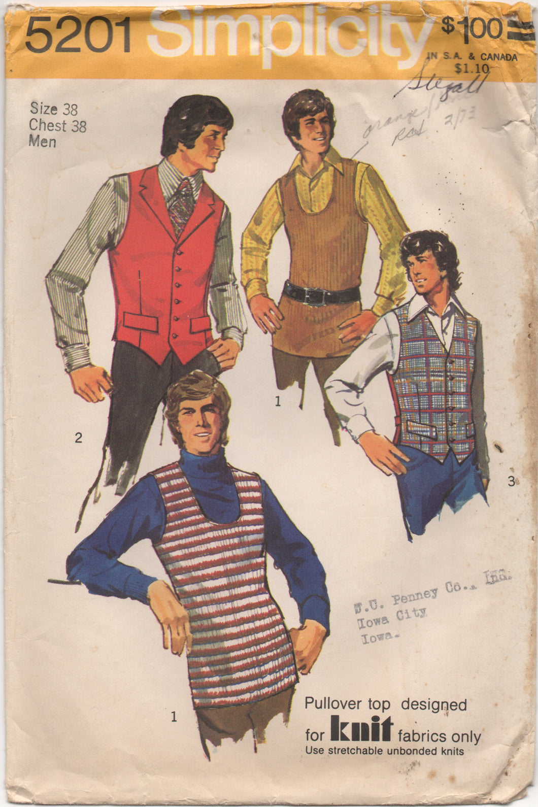 1970's Simplicity Men's Vest in Two Style Pattern - Chest 38