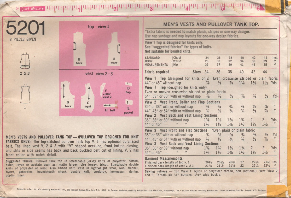 1970's Simplicity Men's Vest in Two Style Pattern - Chest 38" - No. 5201