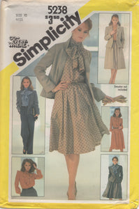 1980's Simplicity Blouse with Pussy Bow, High Waisted Pants, Flared Skirt and Fitted Jacket - Bust 32.5" - No. 5238