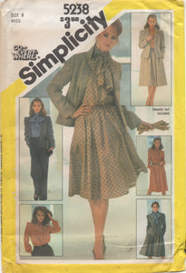 1980's Simplicity Blouse with Pussy Bow, High Waisted Pants, Flared Skirt and Fitted Jacket - Bust 31.5" - No. 5238