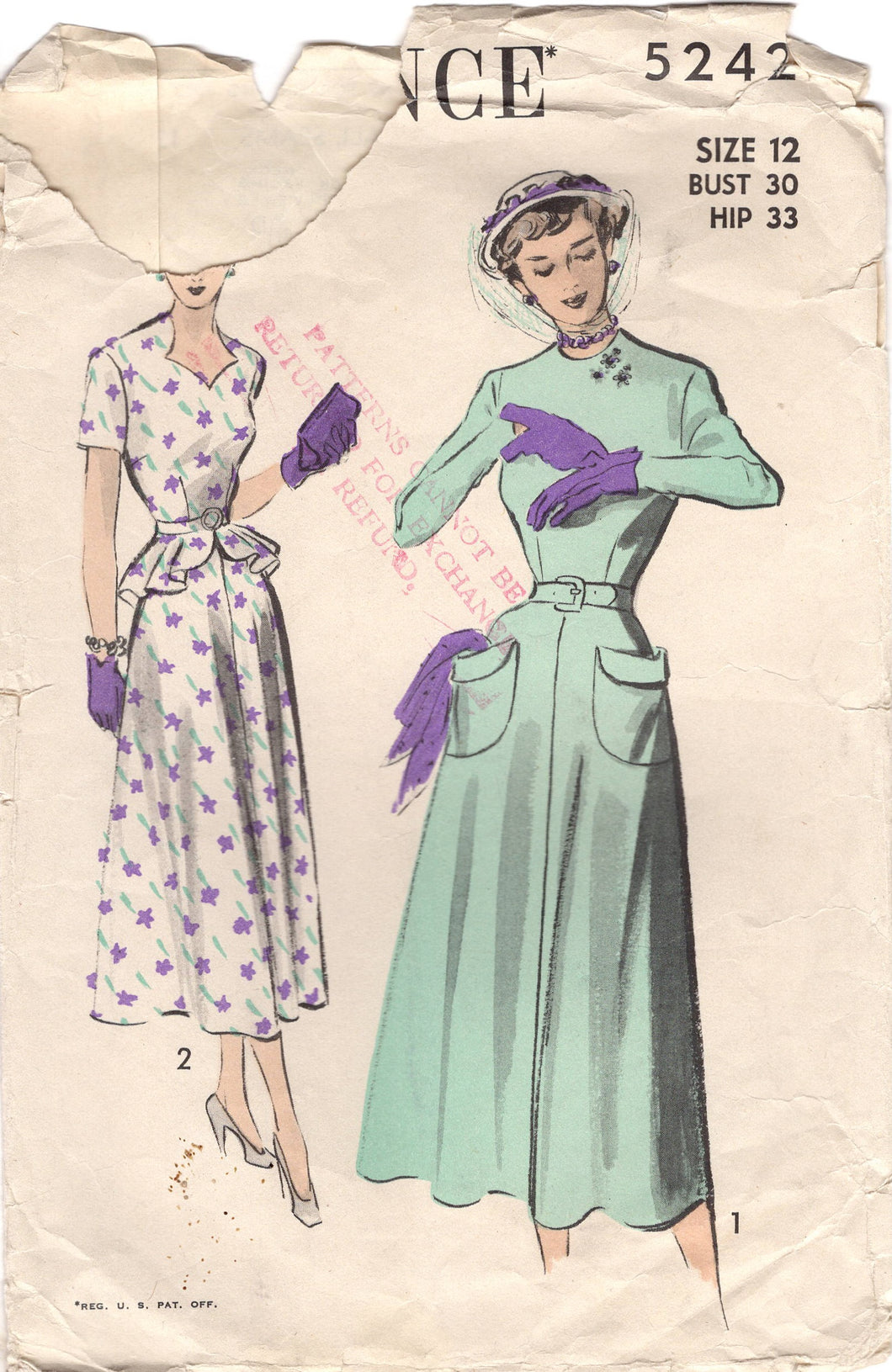 1940's Advance Sweetheart or High Neckline One Piece Dress with Large Pockets - Bust 30