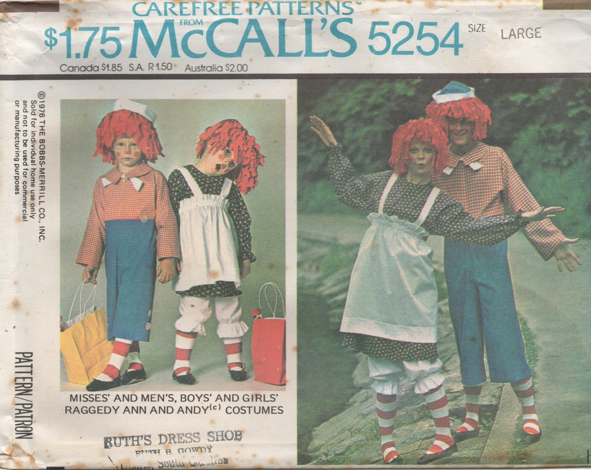 1970's McCall's Raggedy Ann and Andy Costume pattern - Chest 28.5-42" - No. 5254