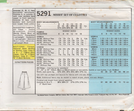 1970's McCall's Yoked Flared Culottes Pattern - Waist 25" - No. 5291