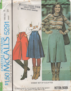 1970's McCall's Yoked Flared Culottes Pattern - Waist 23-24" - No. 5291