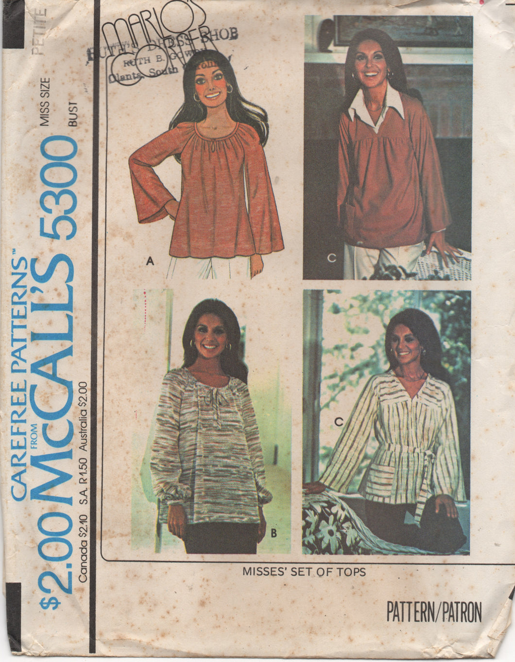 1970's McCall's Marlo's Corner Blouse Pattern - Bust 30.5-31.5