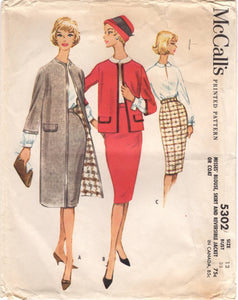 1950's McCall's Slit Neckline Blouse, Slim Fit Skirt and Straight Jacket or Coat pattern- Bust 32" - No. 5302