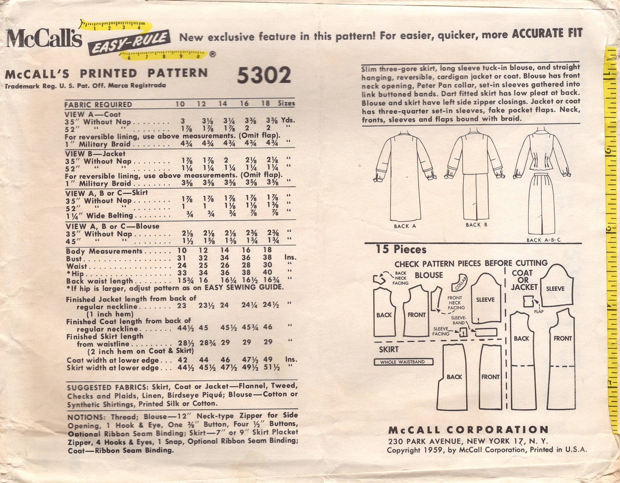 1950's McCall's Slit Neckline Blouse, Slim Fit Skirt and Straight Jacket or Coat pattern- Bust 32" - No. 5302