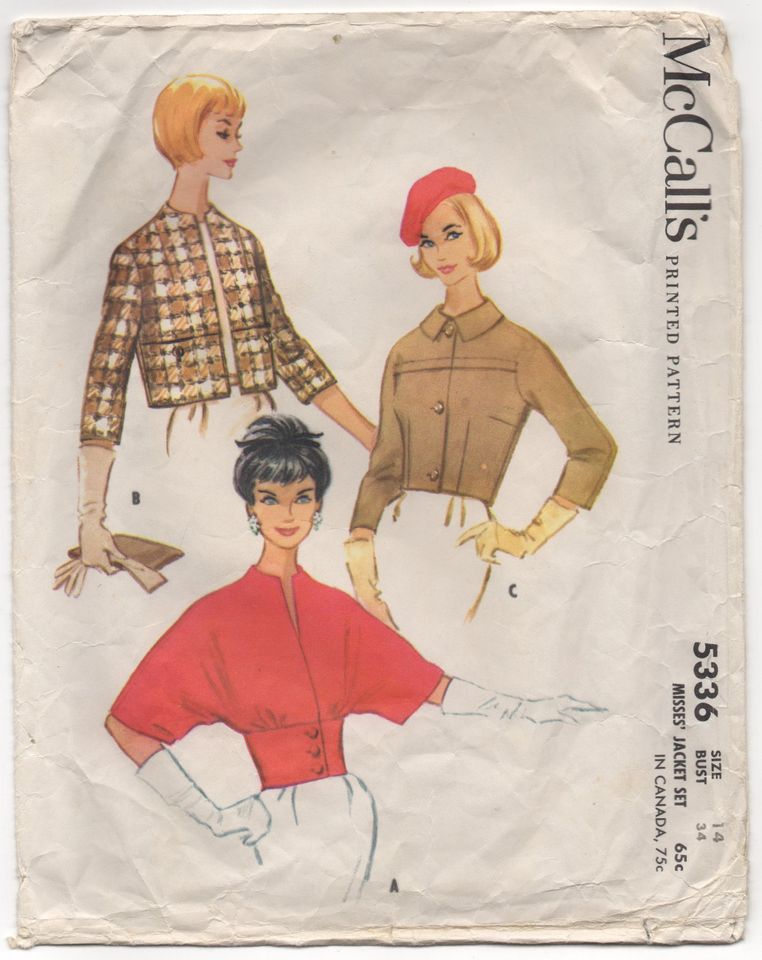 1960's McCall's Jacket in Dolman Sleeves, Single Breasted or Cardigan Pattern - Bust 34" - No. 5336