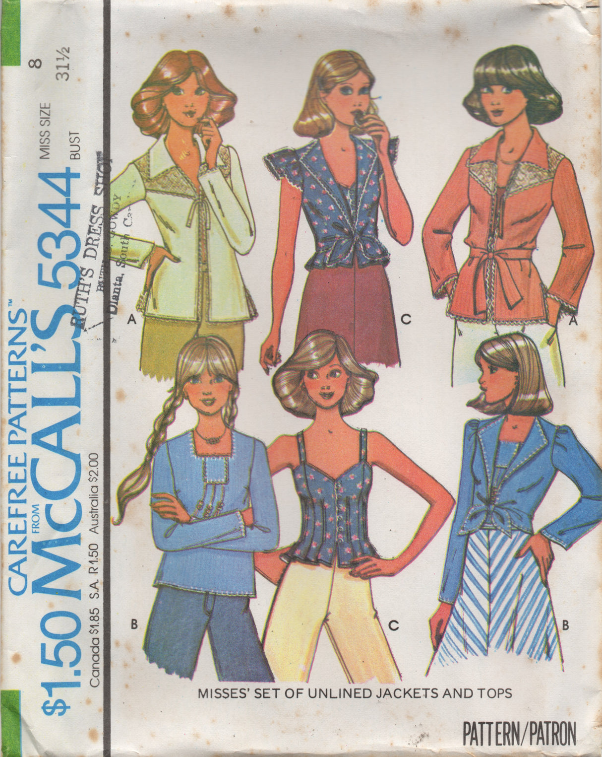 1970's McCall's Pullover Blouse with Thin Straps or Sleeves and Set of Jackets pattern- Bust 30.5-38" - No. 5344