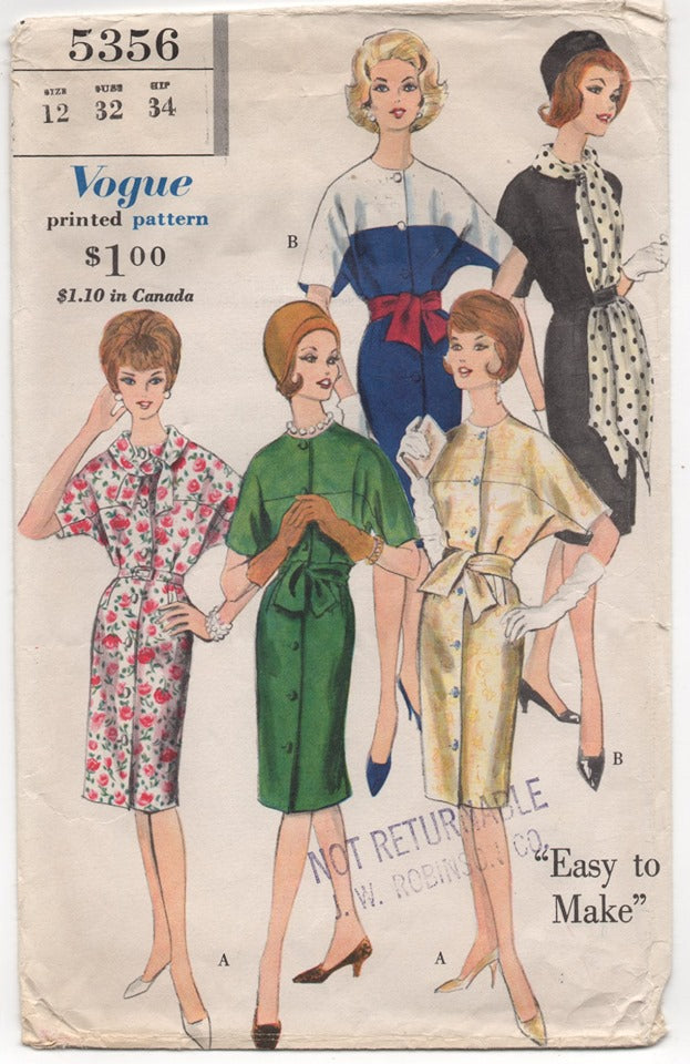 1960's Vogue One Piece Dress with Dolman Sleeves and Contrast Yoke Pattern - Bust 32