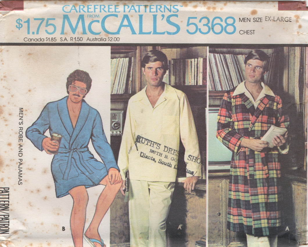 1970's McCall's Men's Two Piece Pajama Set and Robe - Chest 46-48