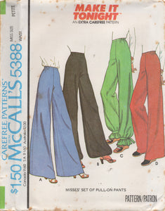 1970's McCall's Wide Leg Pants or Cuffed Pants pattern - Waist 23-30" - No. 5388