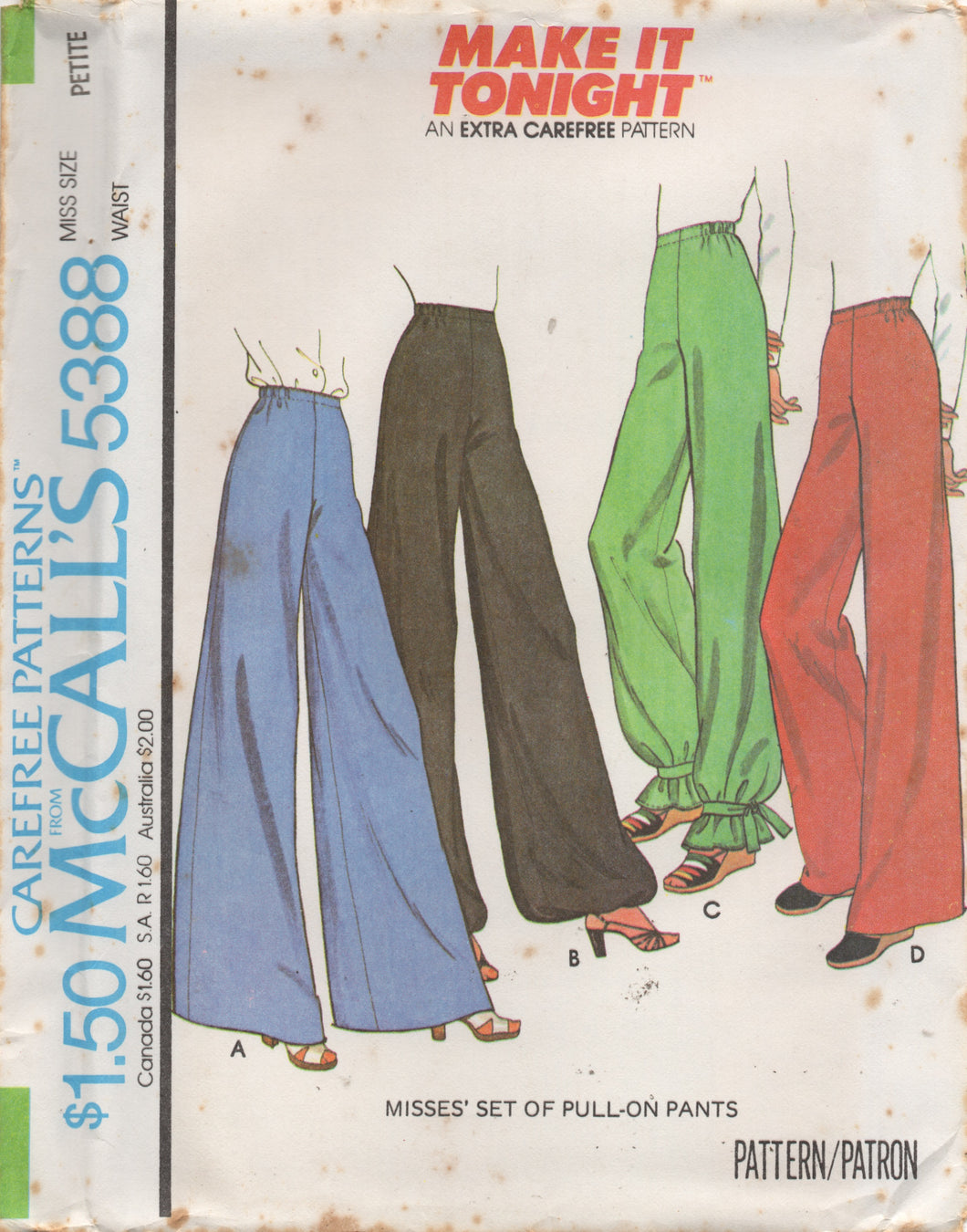 1970's McCall's Wide Leg Pants or Cuffed Pants pattern - Waist 23-30