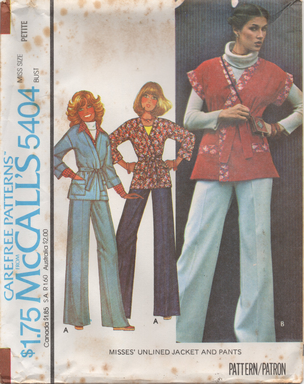 1970's McCall's Unlined Wrap Jacket and Wide Leg Pants pattern - Bust 30.5-46