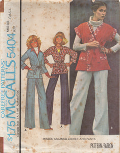 1970's McCall's Unlined Wrap Jacket and Wide Leg Pants pattern - Bust 30.5-46" - No. 5404