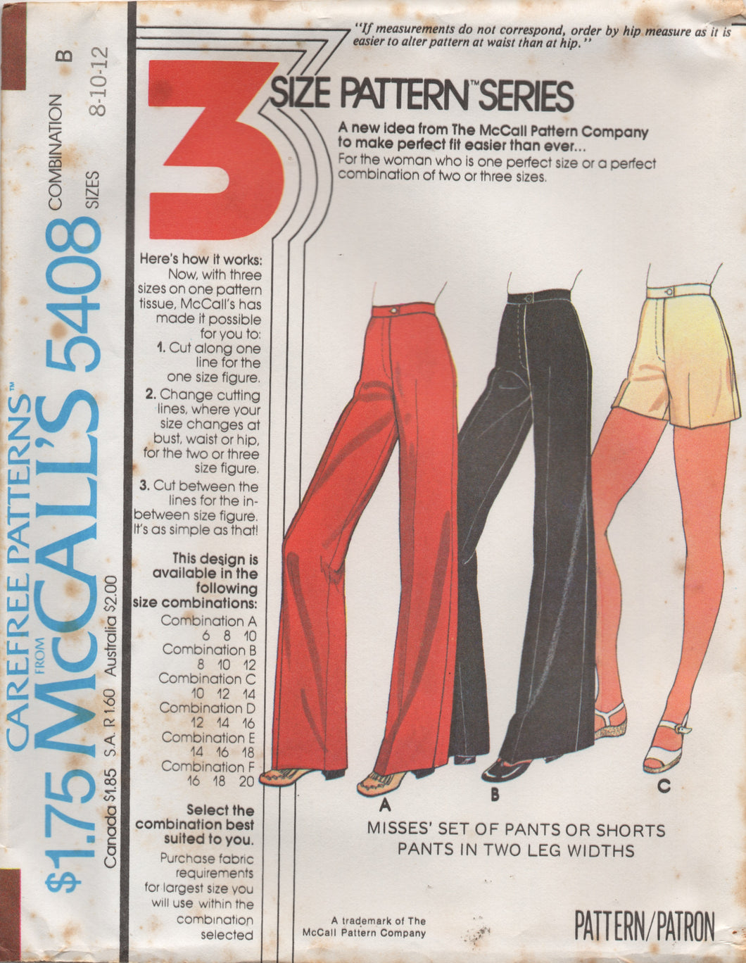 1970's McCall's High Waisted Flared Pants or Shorts Pattern - Waist 24-34
