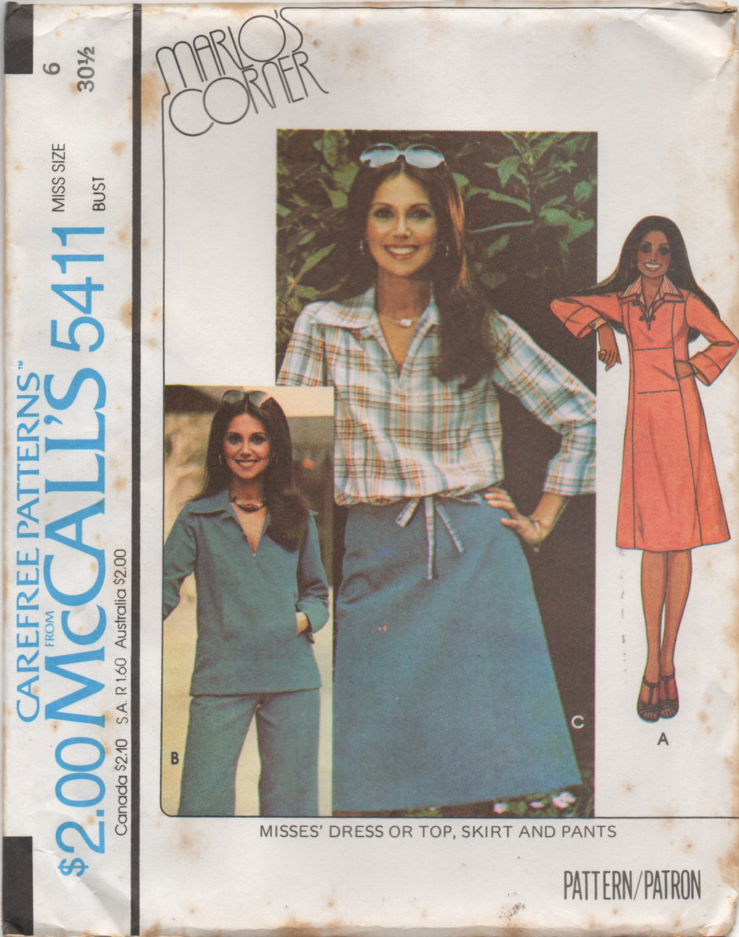1970's McCall's Marlo's Corner Large Collar Dress, Blouse, A line Skirt and Pants Pattern - Bust 30.5-32.5