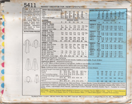 1970's McCall's Marlo's Corner Large Collar Dress, Blouse, A line Skirt and Pants Pattern - Bust 30.5-32.5" - no. 5411