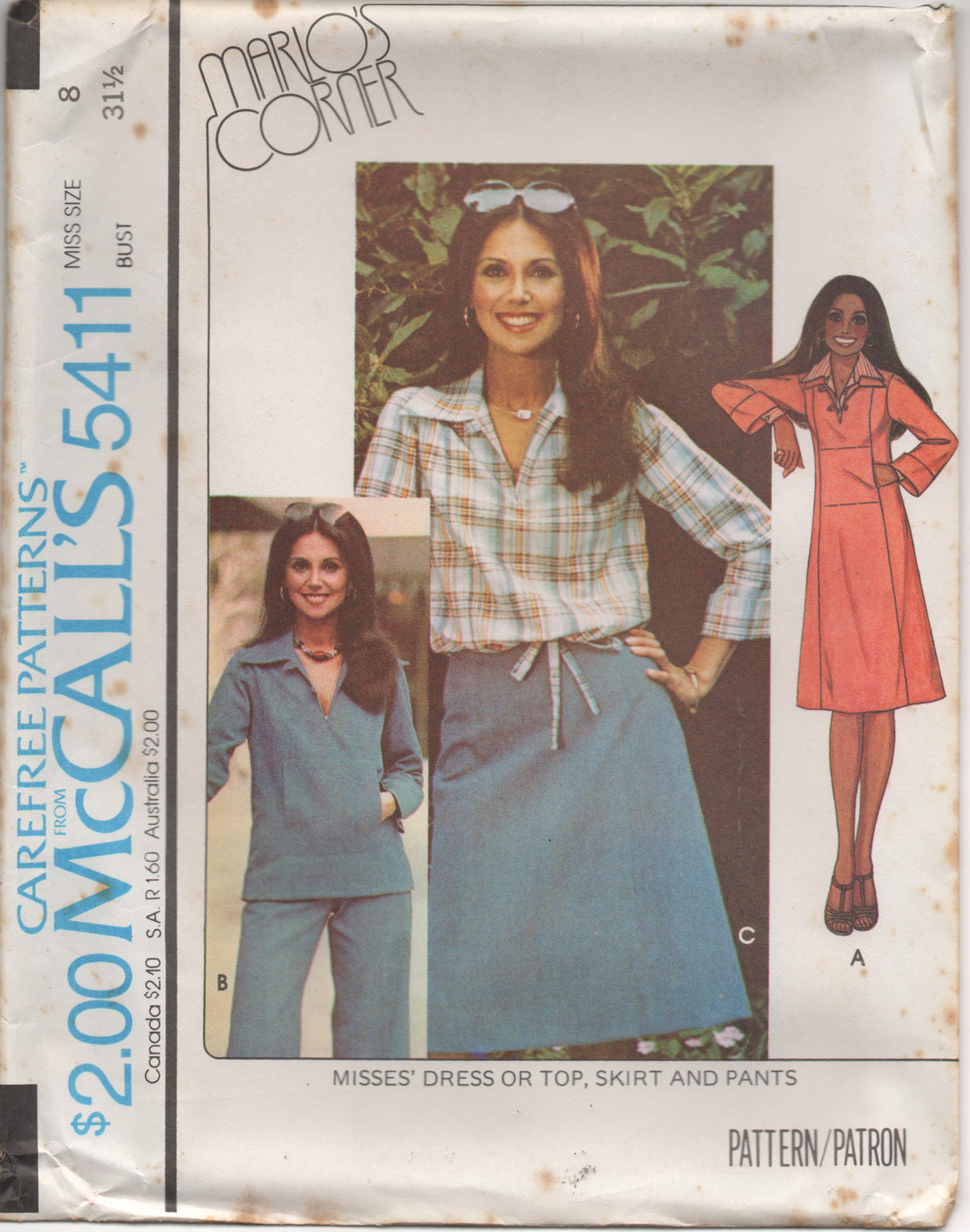 1970's McCall's Marlo's Corner Large Collar Dress, Blouse, A line Skirt and Pants Pattern - Bust 30.5-32.5" - no. 5411