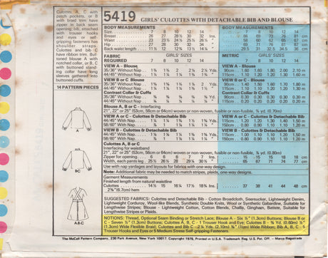 1970's McCall's Child's Culotte's with Detachable bib and Blouse Pattern - Chest 26-30" - No. 5419