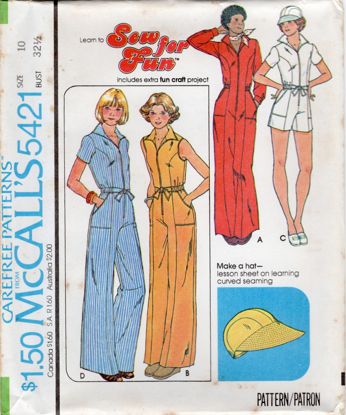 1970's McCall's Romper or Full length Jumpsuit with HAT Pattern - Bust 30-38" - No. 5421