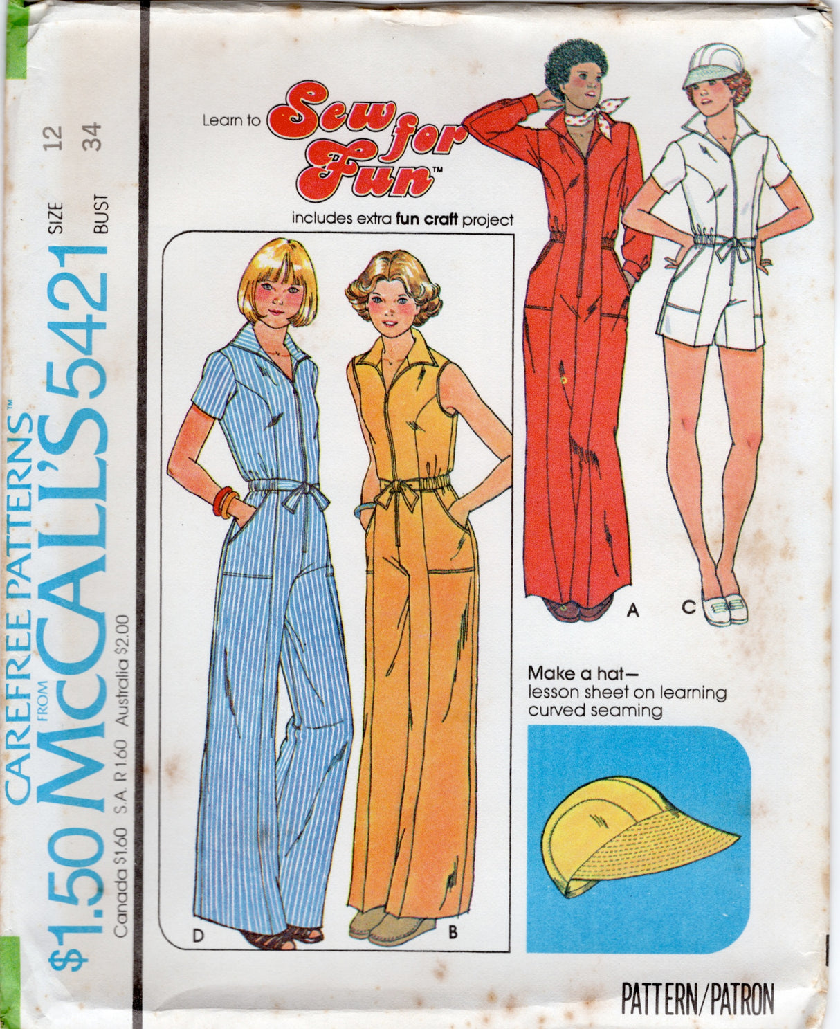 1970's McCall's Romper or Full length Jumpsuit with HAT Pattern - Bust 30-38" - No. 5421