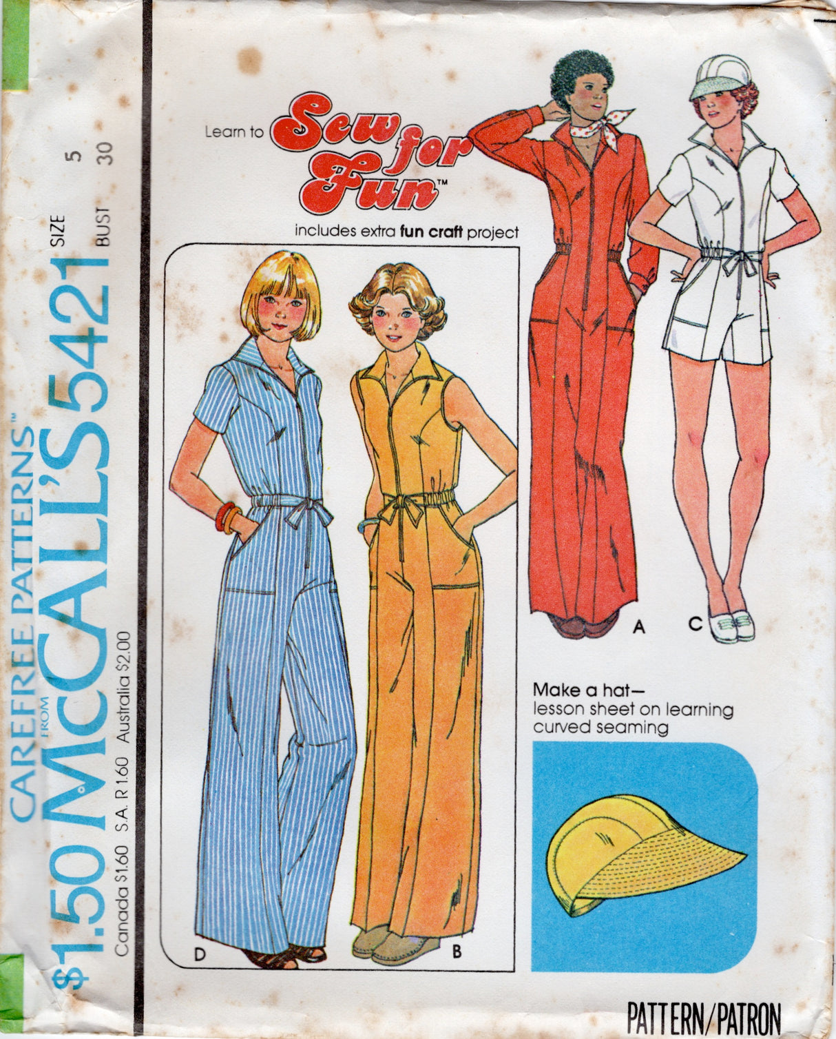 1970's McCall's Romper or Full length Jumpsuit with HAT Pattern - Bust 30-38" - No. 5421