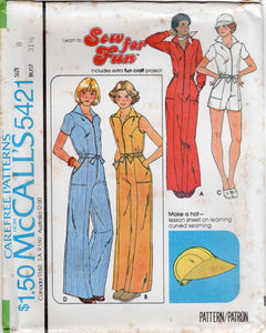 1970's McCall's Romper or Full length Jumpsuit with HAT Pattern - Bust 30-38" - No. 5421