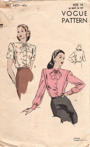 1940's Vogue Button Up Blouse with Pleated Shoulders, Bow and Short or Long Sleeves Pattern - Bust 32" - No. 5421