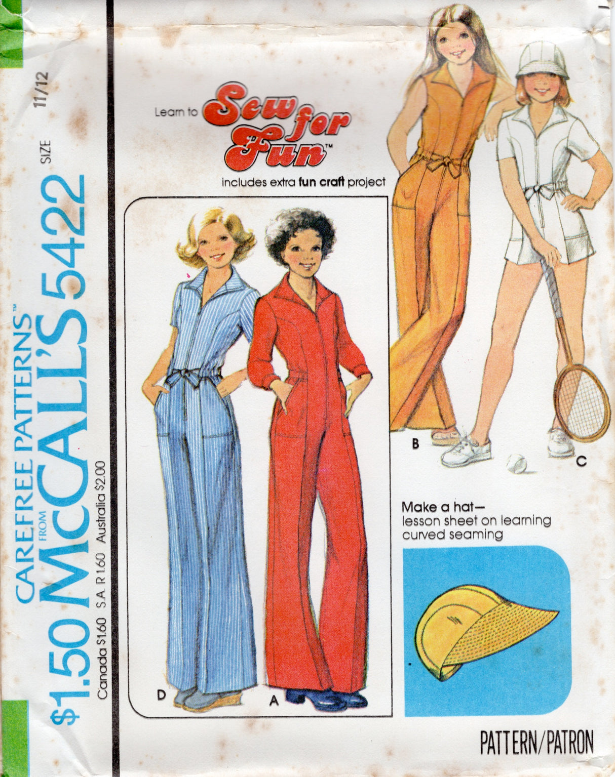 1970's McCall's Child's Romper or Full length Jumpsuit with HAT Pattern - Chest 26-33.5" - No. 5422