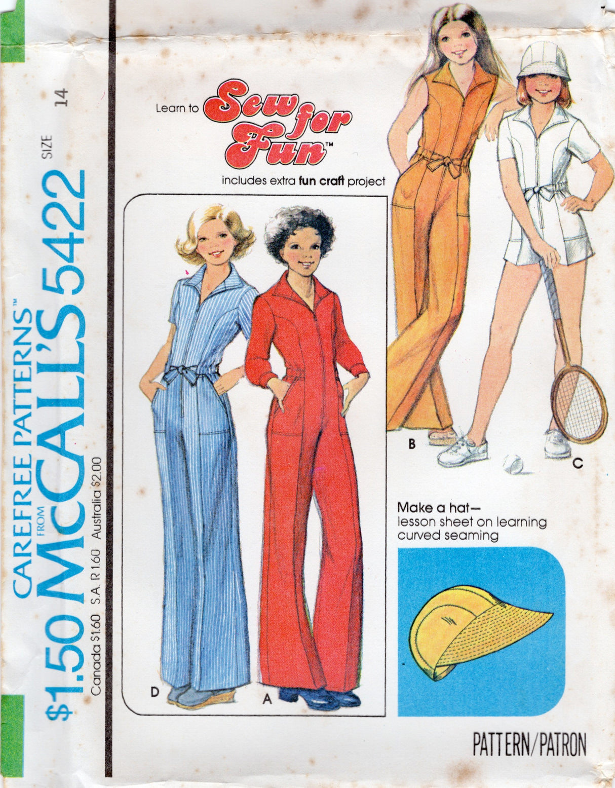 1970's McCall's Child's Romper or Full length Jumpsuit with HAT Pattern - Chest 26-33.5" - No. 5422