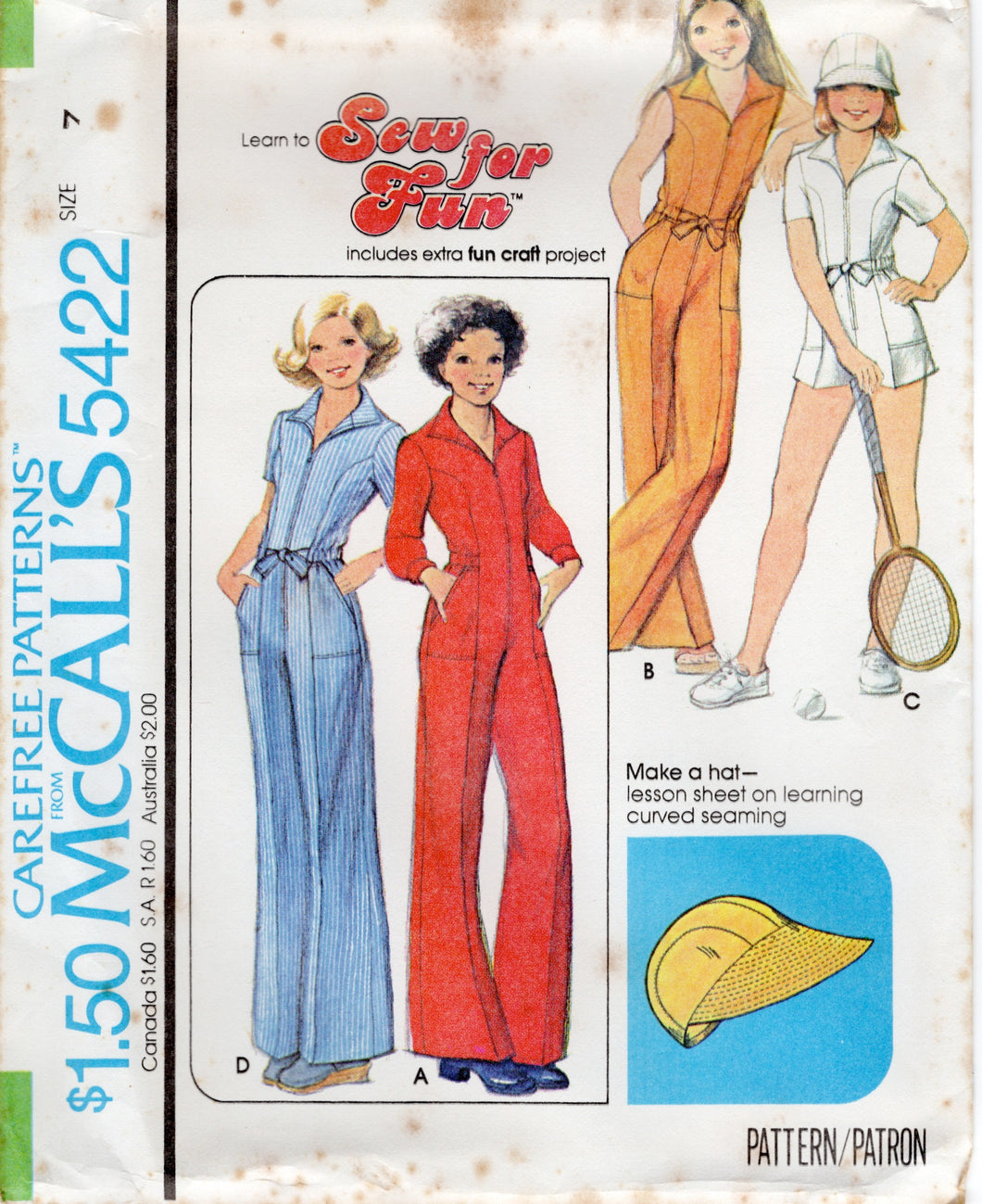 1970's McCall's Child's Romper or Full length Jumpsuit with HAT Pattern - Chest 26-33.5