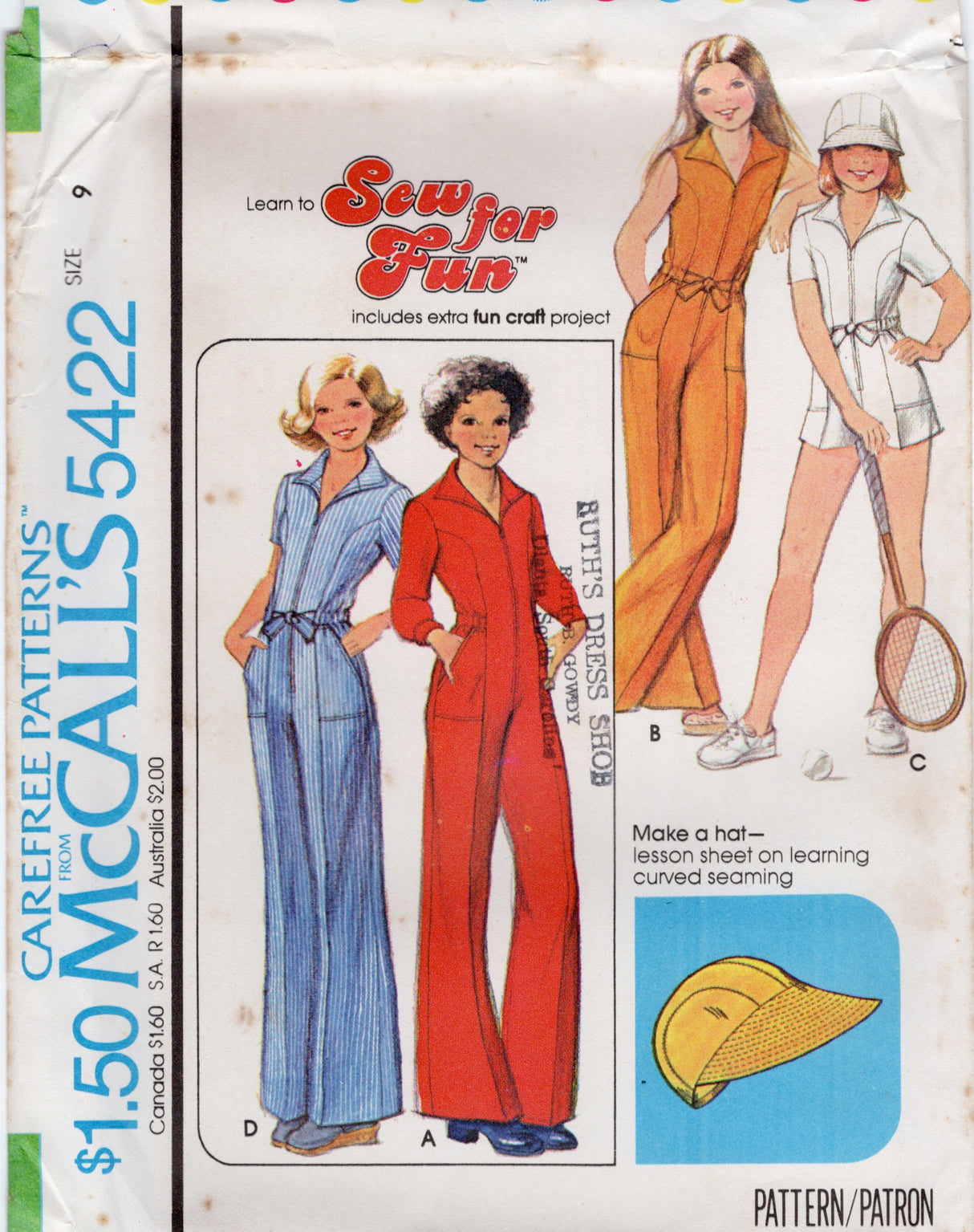 1970's McCall's Child's Romper or Full length Jumpsuit with HAT Pattern - Chest 26-33.5" - No. 5422