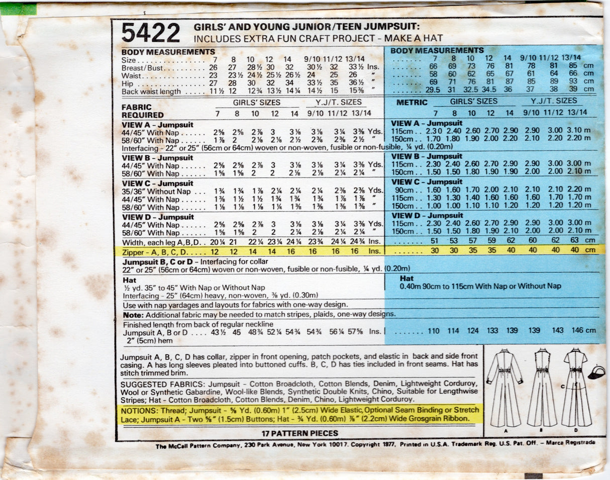 1970's McCall's Child's Romper or Full length Jumpsuit with HAT Pattern - Chest 26-33.5" - No. 5422