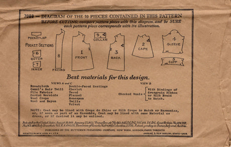 1920's Butterick Child's Coat Pattern with Cape - Chest 22" - No. 7088