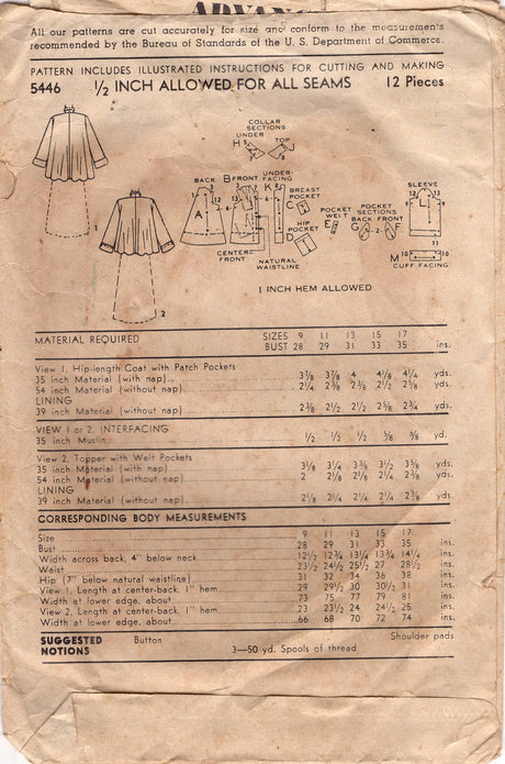 1950's Advance Swing Coat Pattern in Two Lengths - Bust 28" - No. 5446