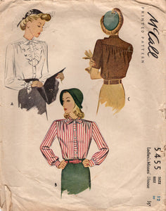 1940's McCall Button Up Blouse with Jabot and Bow at Neck - Bust 30" - No. 5455